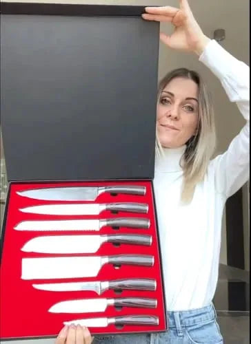 Christina E. holding the Culvaro Premium 8-Piece Asian Knife Set