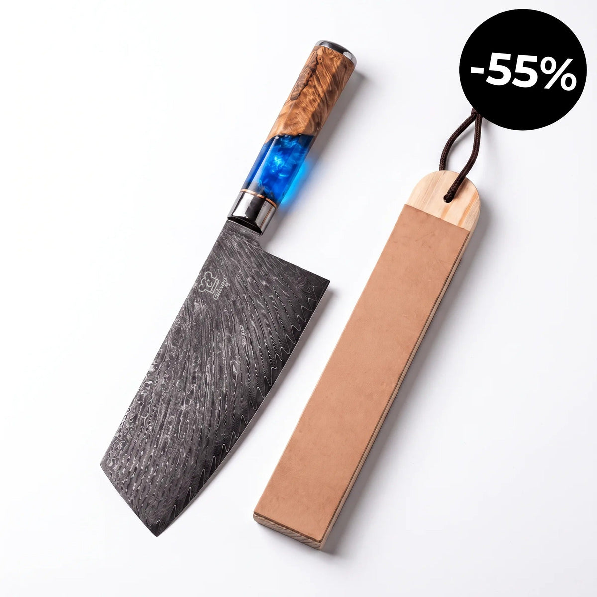 Premium Damast Cleaver Mit Hochwertigem Abziehleder