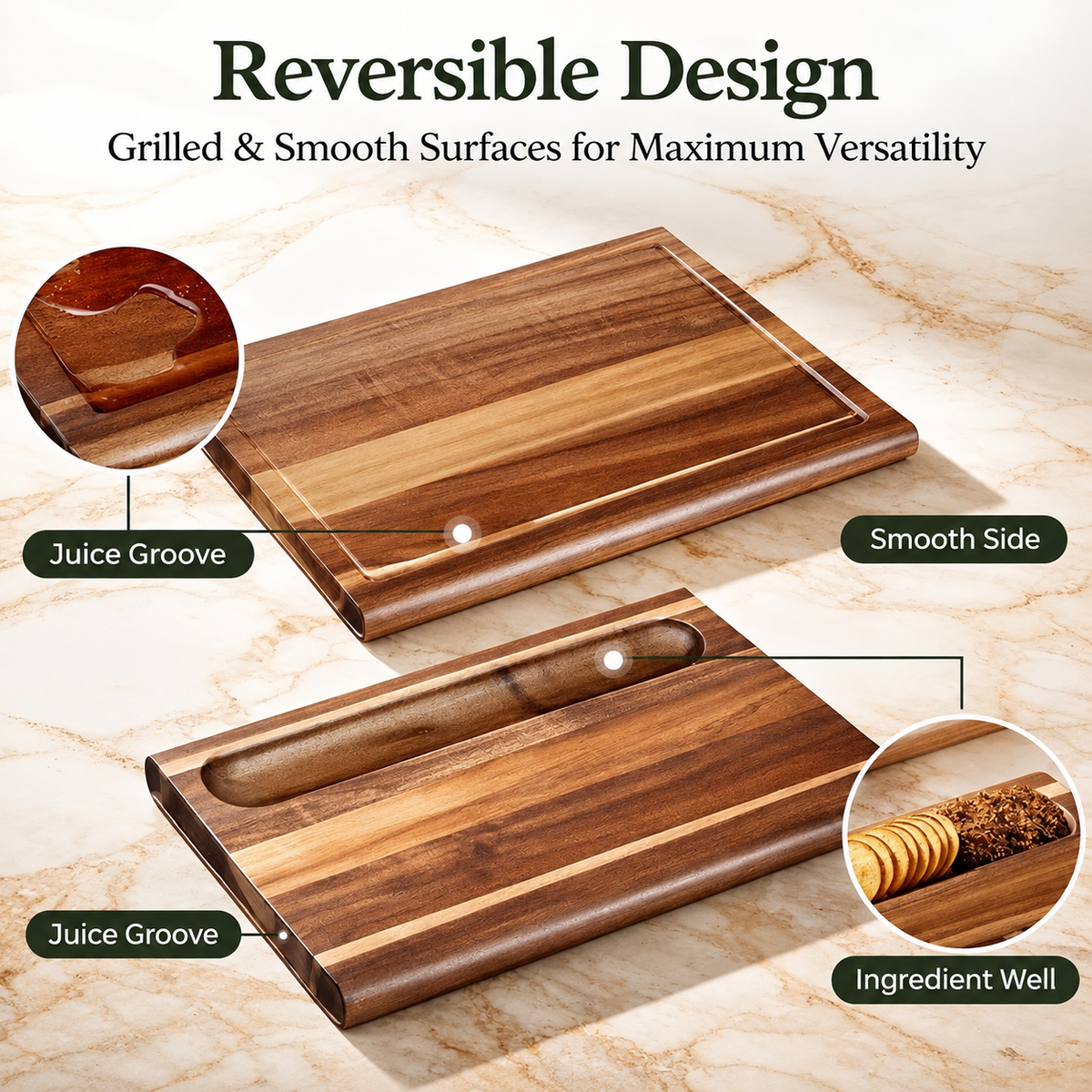 arge cutting board – double-sided with surrounding juice groove & snack notch