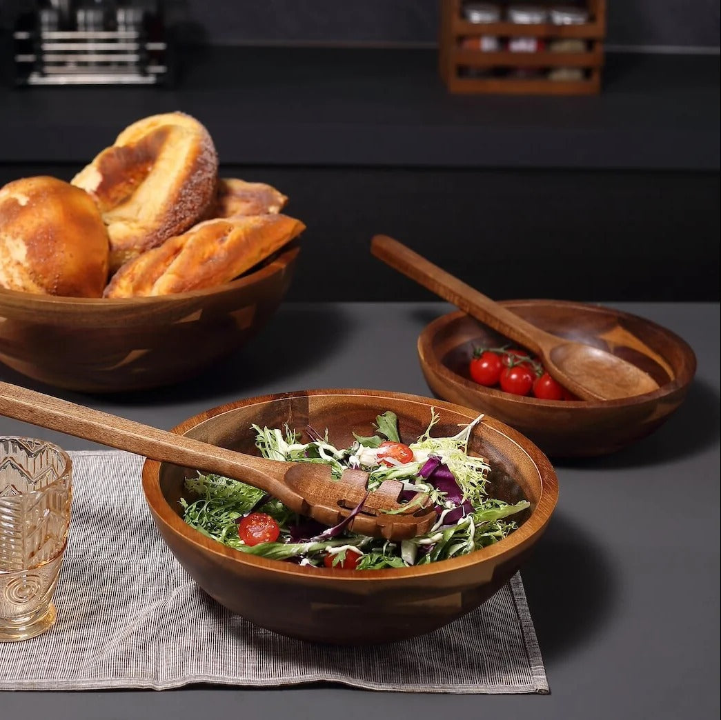 salad bowl set made of acacia wood – 3 bowls including salad servers