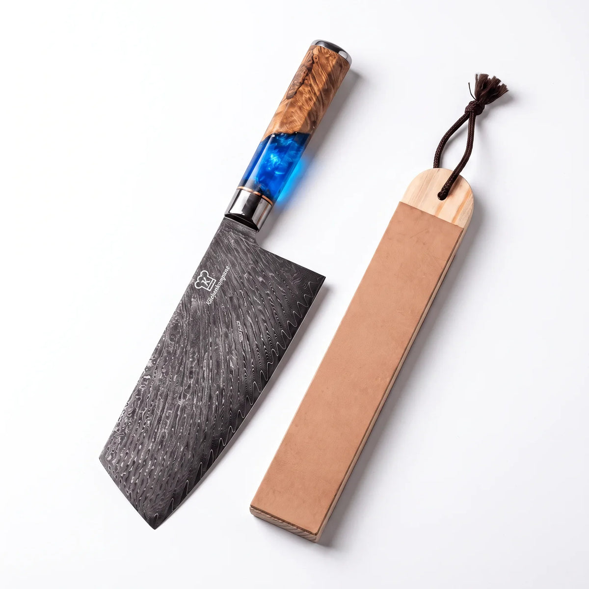 Premium Damascus Cleaver with Leather Strop
